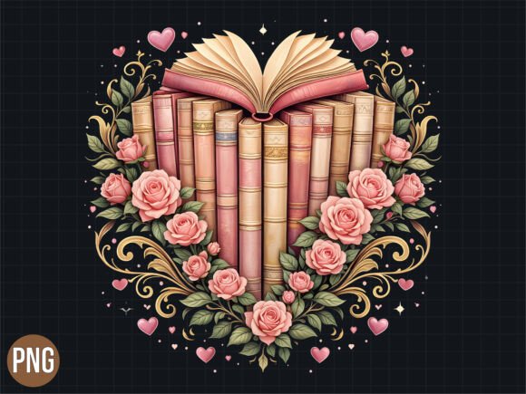 Romance in Pixels: The Heart Shape Books and Roses Design PNG